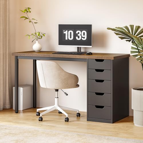 LITTLE TREE Computer Desk with 5 Drawers, 47 Inch Modern Simple Study Writing Desk with Metal Frame, Work Desk for Home Office, Rustic Brown and Black - color: Rustic Brown and Black