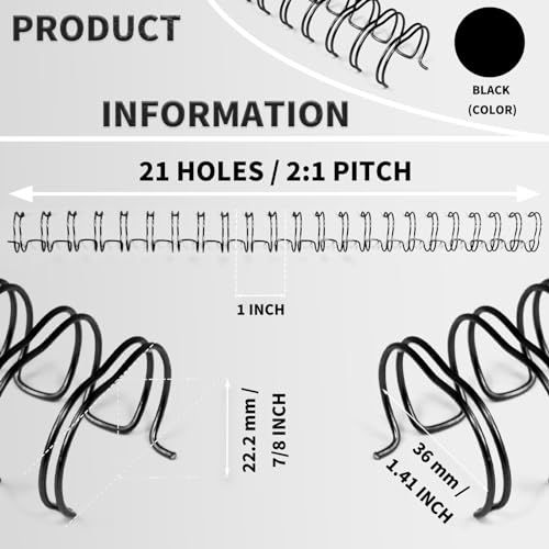 RAYSON 2:1 Wire Binding Spines 21 Loop, 7/8 Inch, Black, 220 Sheet, 50 Pack | 2:1 Pitch Binding Wire | Double Loop Wire Design | Binds Up to 220 Sheets | Letter Size Compatible | Smooth Page Turning - size: 7/8"