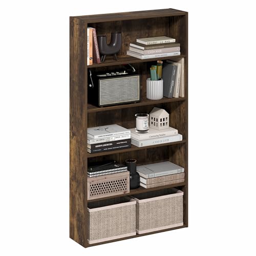 Furinno Basic Book Shelf, 5-Tier Bookshelf, Storage Organizer Bookcase with Open Shelf, 7 x 24 x 44, for Living Room, Bedroom, Home Office, Amber Pine - color: Amber Pine, size: 5-Tier, 7 x 24 x 44