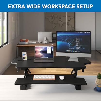 Mount-It! Standing Desk Converter 48" Wide Sit Stand Extra Large Desk Riser | Tabletop for 2 Monitors, Keyboard Tray & Device Slot, Height Adjustable from 6"–19.25" with Dual Gas Spring Handles, Black