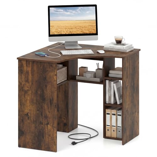 Tangkula Compact Corner Desk, Space Saving Study Table, Brown - color: Rustic Brown, size: 32"D x 32"W x 29.5"H