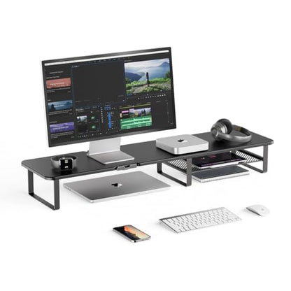 TRIN&AUSAN Monitor Stand Riser, Wooden Dual Monitor Desk Organizer with Storage Shelf, Ergonomic Computer Screen Riser for Laptop, PC, iMac, Office Desktop Accessories Holder (black)