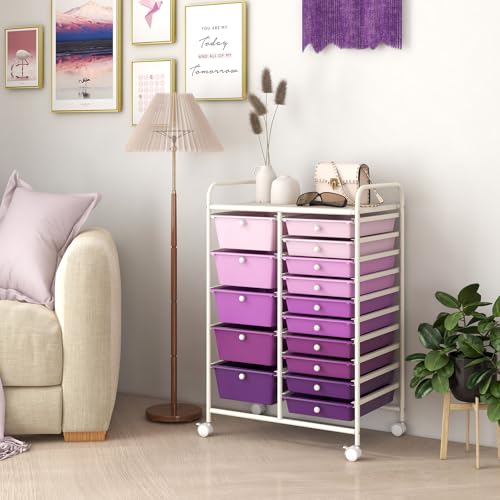 COSTWAY 15 Drawer Rolling Storage Cart, Mobile Utility Cart with Lockable Wheels, Drawers, Multipurpose Organizer Cart for Home, Office, School, Gradient Purple - color: Gradient Purple