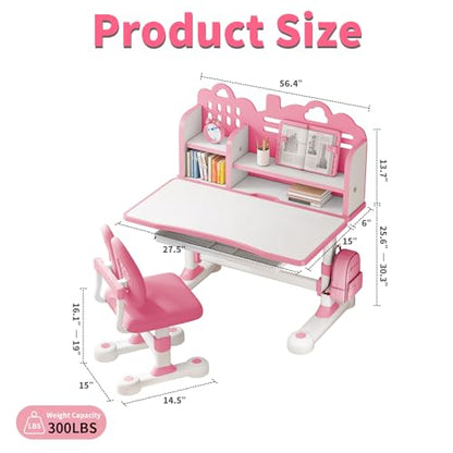 Kids Study Desk and Chair Set 3-12, Adjustable Children School Desk-10PINK | Height Adjustable | 50° Tilt Desktop | Book Stand & Metal Hook & Storage Drawer | Writing Drawing Table for Boys and Girls - color: 100-pink-27.5in