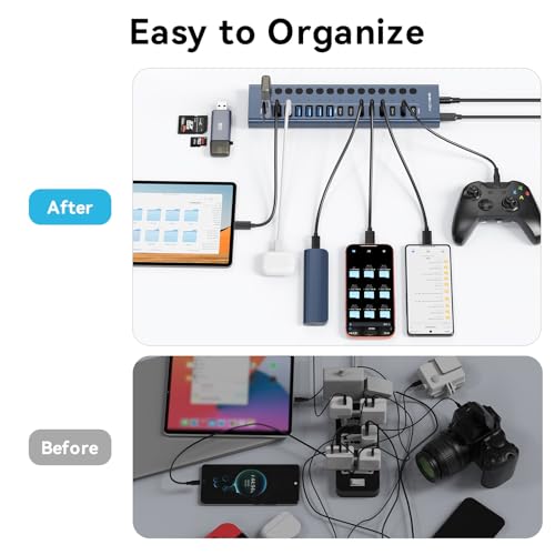 ACASIS 16 Ports Powered USB 3.2 Hub (8 USB-A 3.2 +8 USB-C 3.2), 10Gbps | Individual On/Off Switch for Each Port • Aluminum Housing • Better Heat Dissipation • Plug & Play • 96W Power Adapter - color: Gray