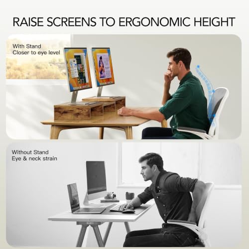 AMERIERGO Dual Monitor Stand Riser- 3 Shelf Screen Stand with Adjustable Length and Angle, 2 Extra Functional Slot Desktop Organizer Stand for PC, Computer, Laptop (Rustic Brown) - color: Rustic Brown