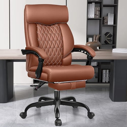 Office Chair, Big and Tall Office Desk Chair, Reclining Office Chair with Footrest Home Office Desk Chairs, High Back Ergonomic with Lumbar Support, Executive Leather - color: Brown, style: With Footrest