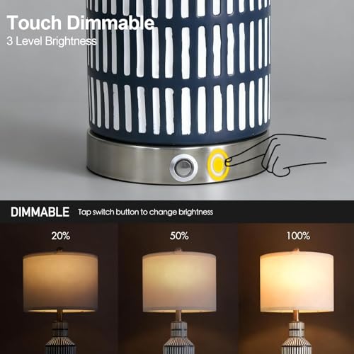 USumkky 25" Modern 3-Way Dimmable Touch Control with USB A+C Ceramic Lamps Set of 2 Table Lamp for Living Room Bedroom Farmhouse Nightstand Bedside Blue - color: Dark Blue