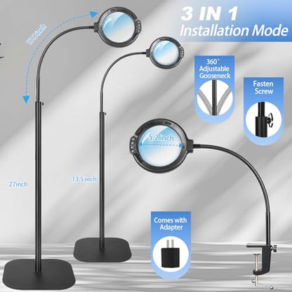 12X Large Floor Magnifying Glass with Light and Stand, 3-in-1 Floor Lamp