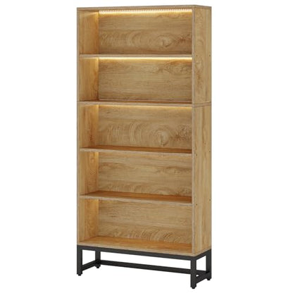 Tribesigns Tall Bookcase and Bookshelf, 70.8" Large Bookcases Organizer with LED Lights, Heavy Duty Free-Standing Library Bookshelf with 5-Tier Storage Shelves for Living Room, Bedroom (Brown) - color: Brown