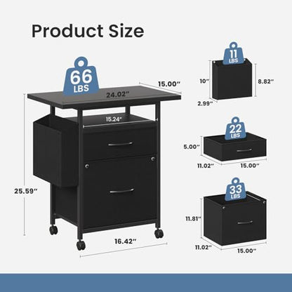 Simple Deluxe 2 Drawer File Cabinet with 24" Extended Desktop, Mobile Filing Cabinet, Rolling File Cabinet with Side Bag, Fabric Drawer, Fits A4/Letter Size, Printer Stand Home Office, Black - color: Black, size: 15"D x 24"W x 25.6"H (2 Drawers)