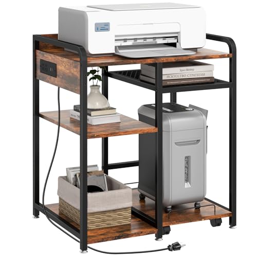 3-Tier Printer Stand with Storage Shelf and Power Outlet for Home Office - color: Brown