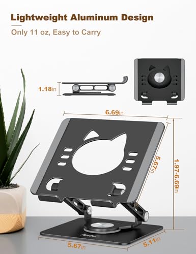 Aoviho Tablet Stand 360° Rotating Aluminum Holder, Adjustable, Portable and Foldable Monitors Stand for iPads, Compatible with 4-12.9" Tablets, Ink Black - color: Ink Black