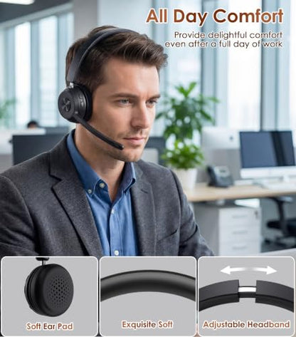 Soothielec Wireless Headset with Mic for Work, Bluetooth Headset with Noise Cancelling (Dark Grey) - color: Dark Grey