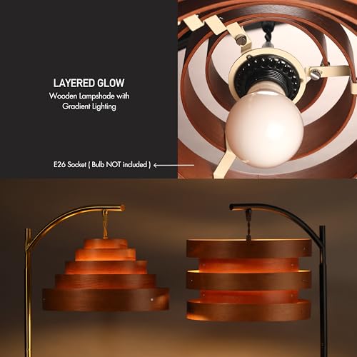O’Bright Strata Wooden Floor Lamp - Mid Century Modern Standing Lamp with Layered Wood Shade, Tall Reading Lamp for Living Room, Bedroom, Office, Antique Brass, Dark Oak, Cascade Shade - color: Antique Brass-Dark Oak-Cascade