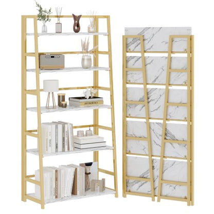 JSB 5 Tier Bookshelf, No Assembly Folding Ladder Bookshelf, 51.6in Tall Foldable Ladder Shelf, Bookcase for Home Office, Living Room,Space-Saving (White & Gold, 5 Tier) - color: White & Gold