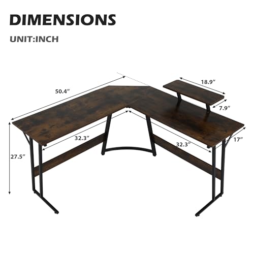 Gaming Desk L Shaped Desk, 50.4” Large Desk Computer Desk with Shelves & Carbon Fiber Desktop, Wood Desk Table Computer Table Writing Desk Work Desk pc desk for Bedroom Office Dorm Small Space, Brown - color: Brown