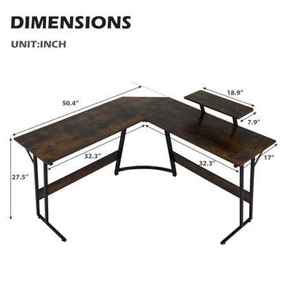 Gaming Desk L Shaped Desk, 50.4” Large Desk Computer Desk with Shelves & Carbon Fiber Desktop, Wood Desk Table Computer Table Writing Desk Work Desk pc desk for Bedroom Office Dorm Small Space, Brown - color: Brown