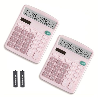Calculator, 12 Digit Large LCD Display and Sensitive Button, Solar Battery Dual Power Office Calculator, Pink (2 PCS) - style: Pink （2PCS)