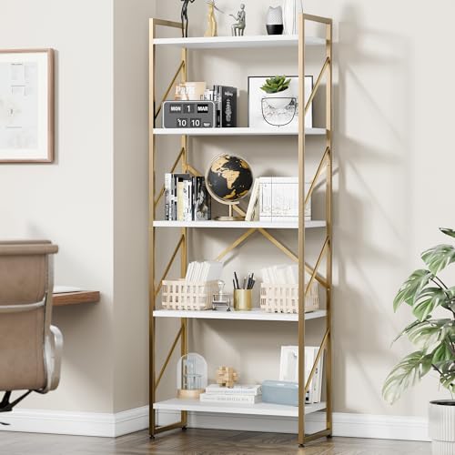 Vongrasig 5 Tier Metal Bookshelf, Narrow Industrial Bookcase, White+Gold - color: White Gold