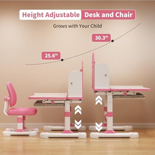 Kids Study Desk and Chair Set 3-12, Adjustable Children School Desk-10PINK | Height Adjustable | 50° Tilt Desktop | Book Stand & Metal Hook & Storage Drawer | Writing Drawing Table for Boys and Girls - color: 100-pink-27.5in