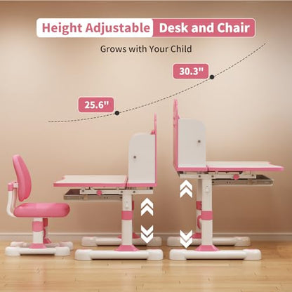 Kids Study Desk and Chair Set 3-12, Adjustable Children School Desk-10PINK | Height Adjustable | 50° Tilt Desktop | Book Stand & Metal Hook & Storage Drawer | Writing Drawing Table for Boys and Girls - color: 100-pink-27.5in