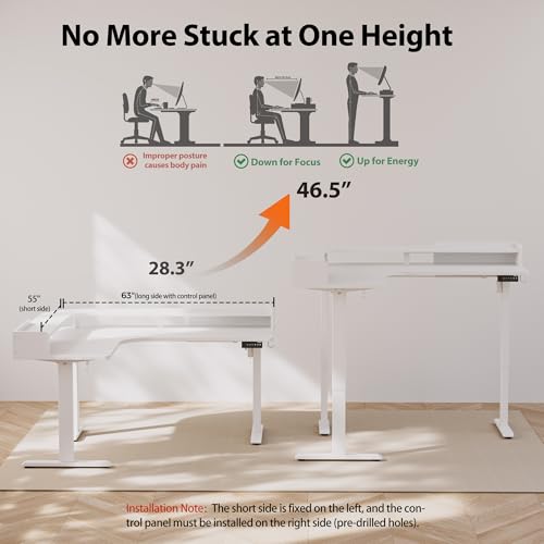 Agilestic L Shaped Standing Desk with Monitor Shelf, 63 Inch, White - color: White, size: 63 x 55 Inch with shelf