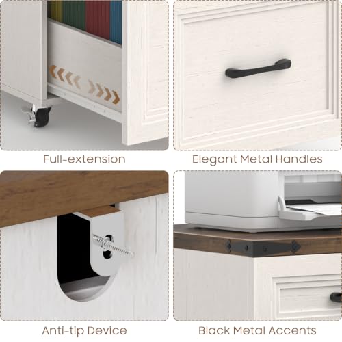 3 Drawers Farmhouse File Cabinet with Wheels for Home Office, Rustic White - color: White and Brown, size: Big 3 Drawers