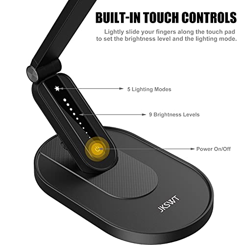 JKSWT LED Desk Lamp, Eye-Caring Table Lamps Natural Light Protects Eyes Dimmable Office Lamp with 5 Color Modes USB Charging Port Touch Control and Memory Function, 10W Reading Lamp,Black - color: Black