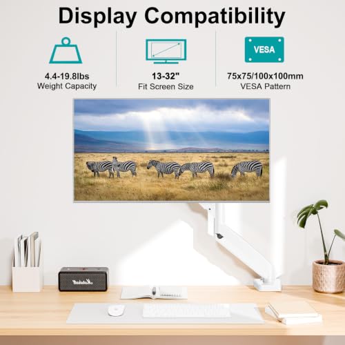 Single Monitor Mount, Fully Adjustable Monitor Arm Fits Max 32" Screen | Gas Spring VESA Mount with Clamp & Grommet Base, Computer Desk Arm with Tilt Swivel Rotate, Holds up to 19.8lbs - color: White, size: Single