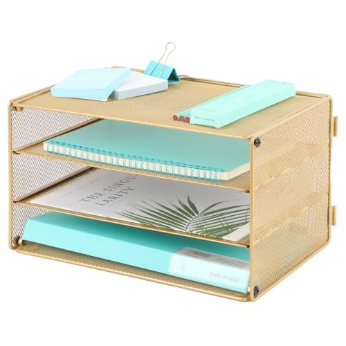 Paper Organizer Tray, 3 Tier Mesh Desk File Organizer Letter Sorter Holder for Home Office, Gold - color: 3 Tier Gold