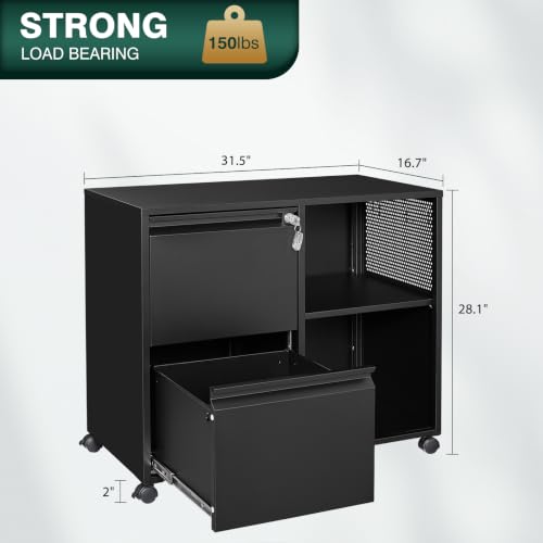 Mobile File Cabinet with Side Hook, 2 Drawer Lateral File Cabinet with Lock fits A4/Letters/Legal Size for Home Office,Metal Rolling Printer Stand with Open Storage Adjustable Shelves(Black) - color: Black, size: 31.5"W x 28"H x 17"D - A
