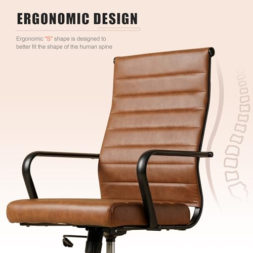 Okeysen Leather Office Desk Chair, Mid-Century Modern Leather Conference Room Chairs, Ergonomic Executive Ribbed Height Adjustable Swivel Rolling Chair for Home Office. - color: Brown