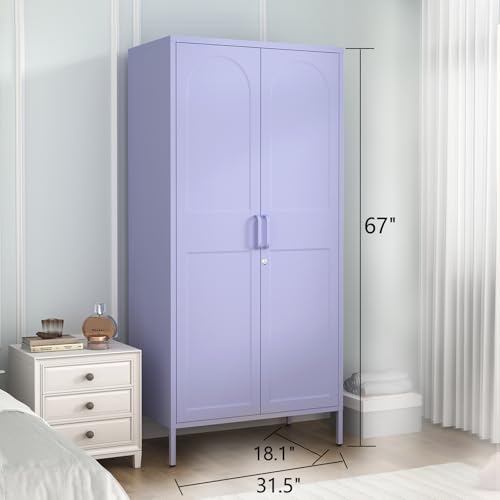 Metal Wardrobe with Lock, 67"Clothing Steel Storage Cabinet Locker, Hanging Rod And Adjustable Shelves, Puple 2 Doors Household kids wardrobe closet Lockers for Bedroom Cloak Room Home Office Gym - color: Purple, style: 67"H-Wardrobe-DY