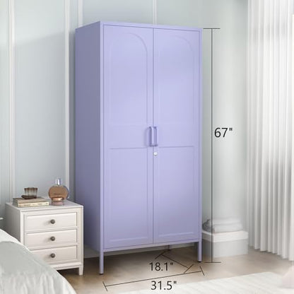 Metal Wardrobe with Lock, 67"Clothing Steel Storage Cabinet Locker, Hanging Rod And Adjustable Shelves, Puple 2 Doors Household kids wardrobe closet Lockers for Bedroom Cloak Room Home Office Gym - color: Purple, style: 67"H-Wardrobe-DY