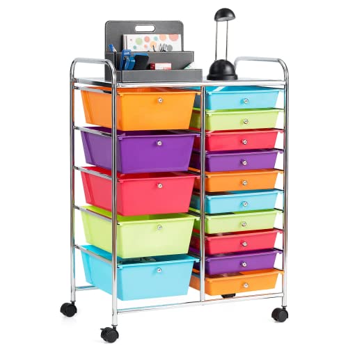 COSTWAY 15 Drawer Rolling Storage Cart, Mobile Utility Cart with Lockable Wheels, Drawers, Multipurpose Organizer Cart for Home, Office, School, Multicolor - color: Multicolor