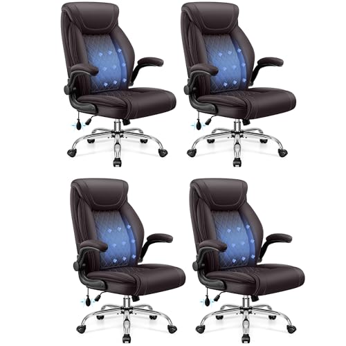 BestGlory Executive Office Chair with Lumbar Support, Big and Tall Ergonomic Computer Desk Chair, Leather Comfy High Back Gaming Chair with Flip Up Arms & Rocking Function for Home Office, Coffee - color: Coffee, size: 4 Pack