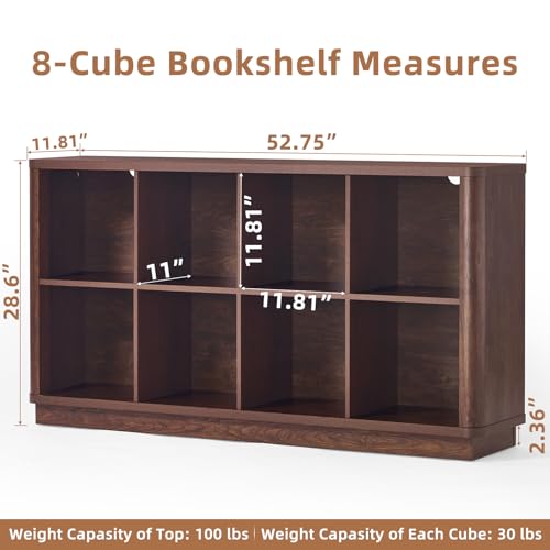 Joaxswe 8 Cube Bookcase, 52" Long Horizontal Book Shelf w/Curved Edge, Floor Standing 2-Tier Cubby TV Stand Bookshelf with Wooden Base, Farmhouse Low Storage Cabinet for Living Room, Office, Walnut - color: Walnut, size: 8 Cube (11.81"D x 52.75"W x 28.6"H