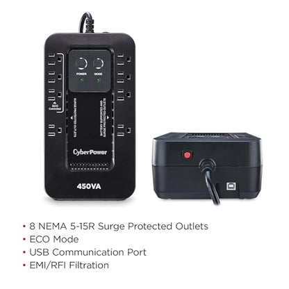 CyberPower EC450G Ecologic Battery Backup & Surge Protector UPS System, 450VA/260W, 8 Outlets, ECO Mode, Compact Uninterruptible Power Supply - style: 450VA
