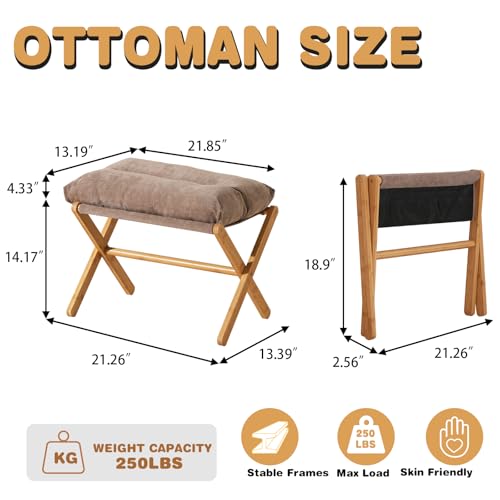 Baveke Folding Foot Stool, Small Accent Ottoman with Thick Cotton Cushion & Bamboo X Legs, Modern Padded Sofa Stool for Makeup Bedroom Living Room (Brown) - color: Light Brown, size: 21.3"D x 13.4"W x 18.5"H