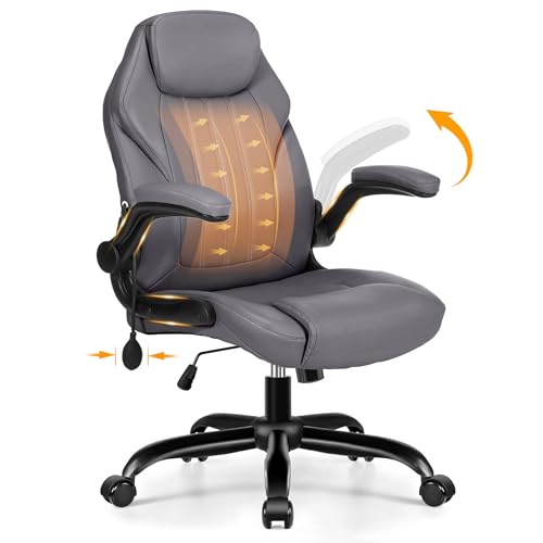 Ylzyxal Office Desk Chair, Ergonomic Computer Chair with Padded Flip-Up Arms and Adjustable Lumbar Support, PU Leather Executive Chair with Tilt Lock and 360° Swivel Rolling Wheels for Work, Study - color: Grey