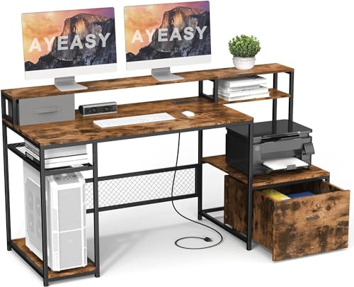Home Office Desks with Drawers, 66'' Computer Desk with Storage, Office Desk with Monitor Stand, Work Desk with Outlets and USB, Gaming Table Desk with File Cabinet for Home Office Table, Brown - color: Rustic Brown, size: Rectangular