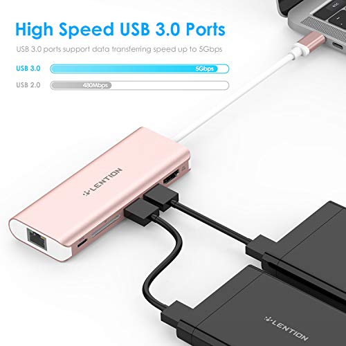 LENTION 6-in-1 USB-C Hub, 2 USB3.0, 4K@30Hz, Ethernet, Card Reader, 100W PD | Ideal for Work & Study, Stable Driver 3.0 Certified, Compatible with macOS, iOS/iPadOS, Windows & ChromeOS (C68, Rose Gold)