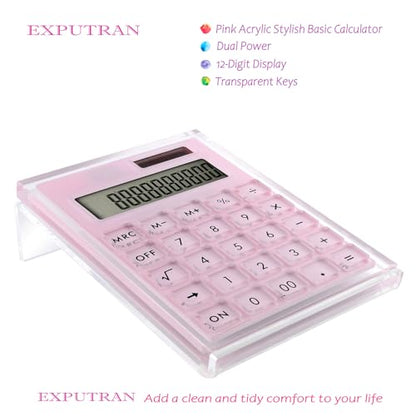 Acrylic Calculator with Stand, Battery and Solar Hybrid Powered Basic Calculator 12-Digit LCD Display,Home Office Desktop Accessories(Pink) - color: Pink