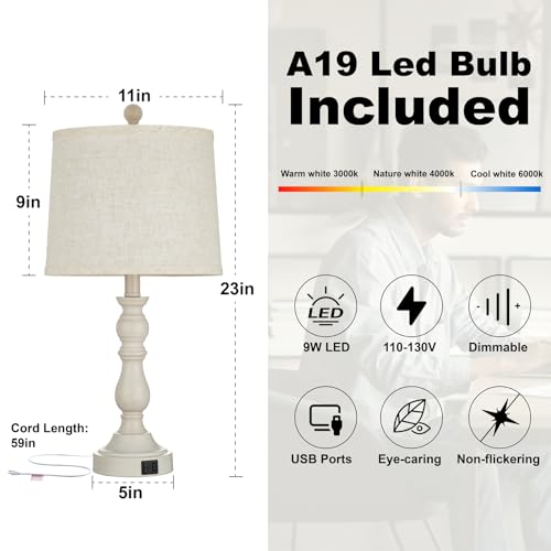 23'' Table Lamps Set of 2, Lamps for Bedroom, USB C+A Ports, Beige - color: D.Beige, Grey