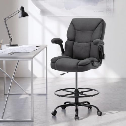 500LBS Drafting Chair, High Back Safer Standing Desk Chair, Executive Tall Office Chair with Flip-up Armrests, Upholstered Fabric Task Chair, Ergonomic Seat with Adjustable Height&Foot Ring, Dark Gray - color: Dark Gray