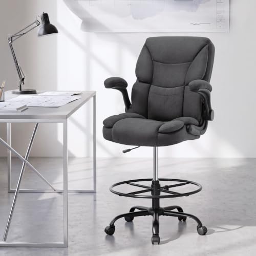 500LBS Drafting Chair, High Back Safer Standing Desk Chair, Executive Tall Office Chair with Flip-up Armrests, Upholstered Fabric Task Chair, Ergonomic Seat with Adjustable Height&Foot Ring, Dark Gray - color: Dark Gray