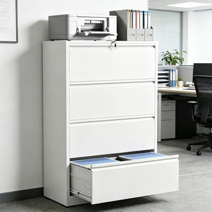Industrial 36" W Premium Lateral File Cabinet with Lock, Metal Filing Cabinets, Adjustable Hangrails for A4, Legal, Letter Files, White - color: White, size: W36" - 4 Drawers