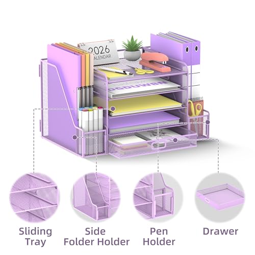 SUPEASY Mesh Desk Organizer with File Holder, 5-Tier Paper Letter Tray Organizer with Magazine Holder, Desktop Organizer and Storage with Drawer for Office Supplies Home or School (Purple) | Two side magazine holders and a bottom drawer store papers, fold