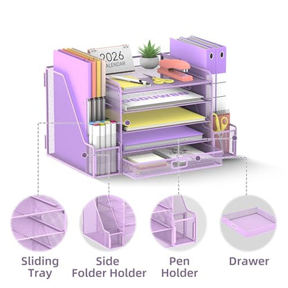 SUPEASY Mesh Desk Organizer with File Holder, 5-Tier Paper Letter Tray Organizer with Magazine Holder, Desktop Organizer and Storage with Drawer for Office Supplies Home or School (Purple) | Two side magazine holders and a bottom drawer store papers, fold